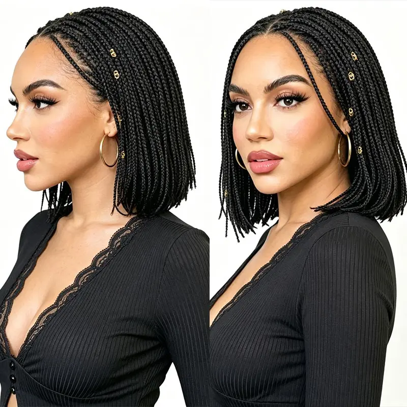12 Inch Synthetic Dreadlock Wig for Black Women Thin Cornrow Plaited Short Bob Wig 6X6 Lace Frontal Micro Box Braided Synthetic Hair Wig
