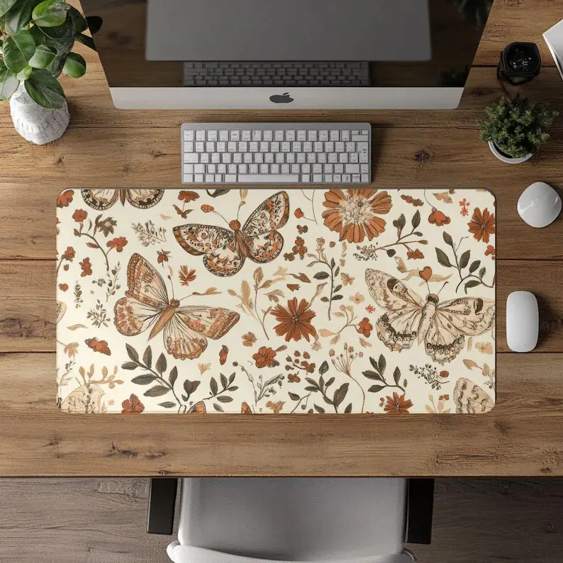 Butterfly Cottagecore Desk Mat, Botanical Desk Decor, Garden Desk Pad, Cottagecore Wildflowers, Gaming Mouse Pad, Dark Academia Desk Pad