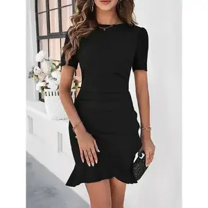 Women's Plain Ruffle Trim Wrap  Dress, Elegant Short Sleeve Round Neck Short Dress for Party Holiday Wedding Guest  Womenswear Basic Green Black
