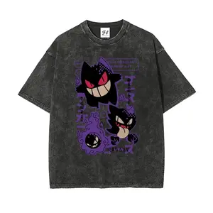 Unisex Anime Pocket Monsters Japanese Text Graphic Print Washed T-Shirt, Summer Casual Cotton Short Sleeve Top