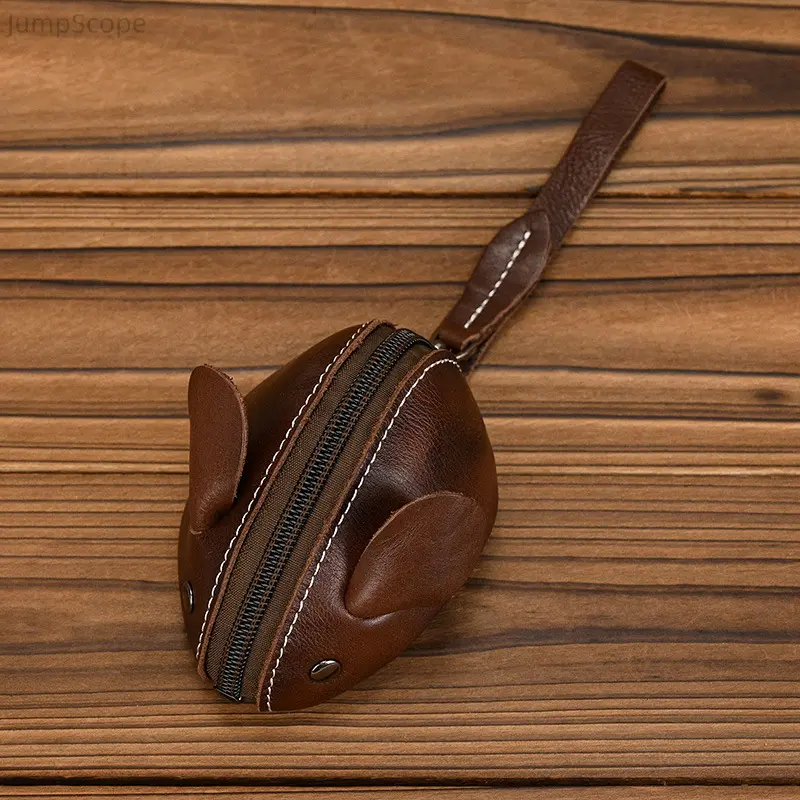 Genuine Leather Mouse Coin Purse, Cute Animal Pattern Zipper Pouch, Crazy Horse Leather Mini Wristlet, Compact Vintage Wallet for Coins, Keys & Small Items