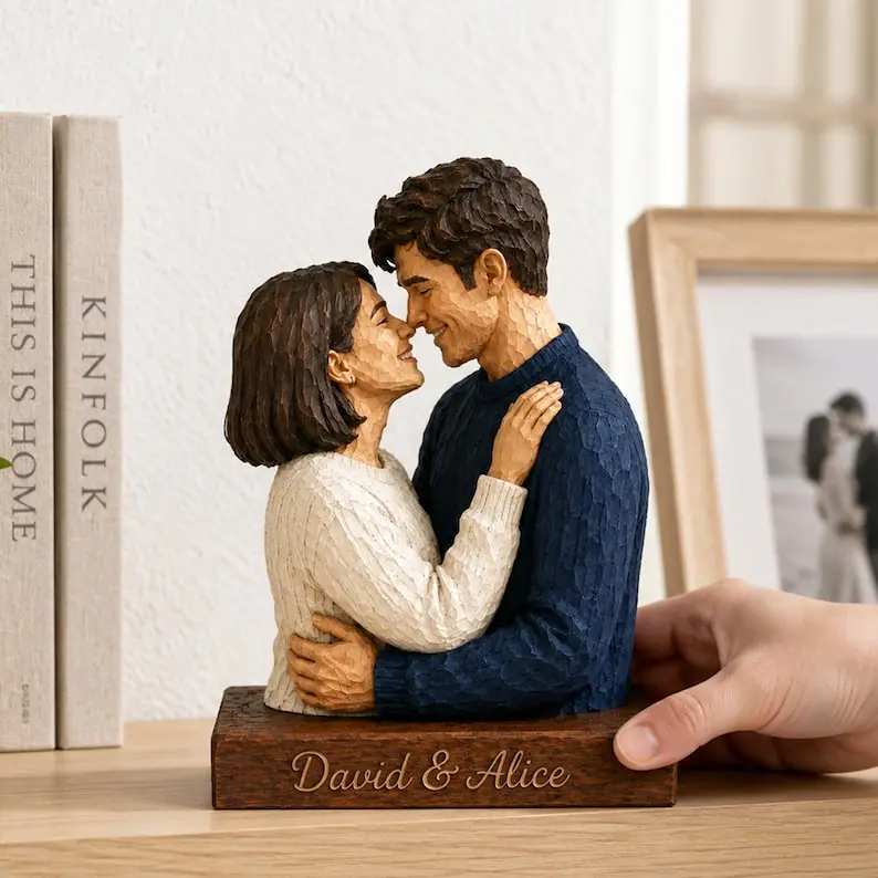 Personalized Couple Photo Wooden Figurine, Custom Portrait Statue, Anniversary Wedding Gift, Romantic Keepsake for Wife Husband