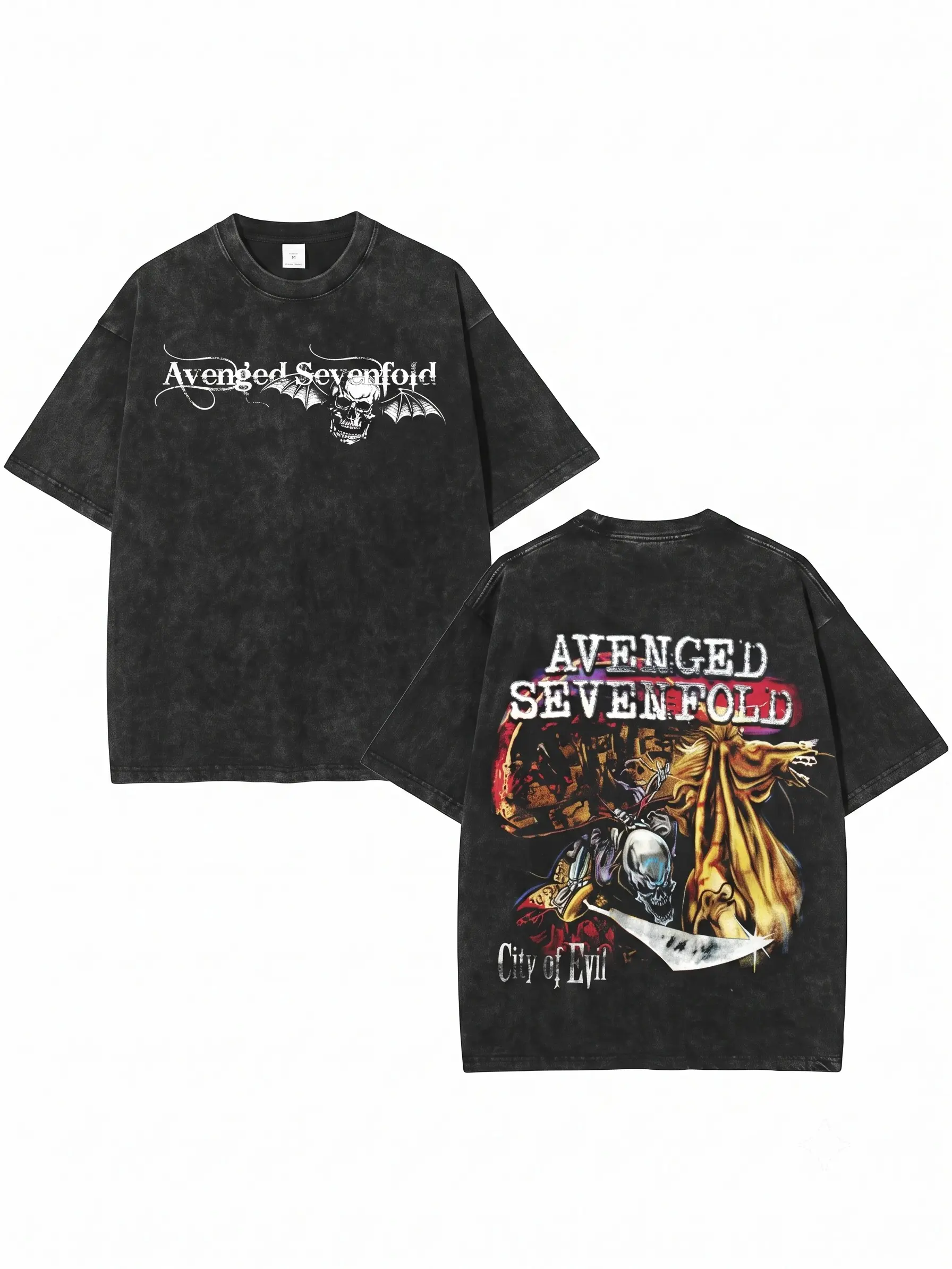 Men's Gothic Graphic T-shirt, Oversized Heavyweight Cotton Crew Neck with Distressed Look, Short Sleeve Heavy Metal Streetwear, Machine Washable, Multi-Size, No