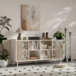 Sicotas Mid Century Sideboard Storage Rustic Sliding Door Solid Wood Cabinet for Living Room Decorative TV Buffet and Storage for TV Stand, Sideboards, Accent Cabinets