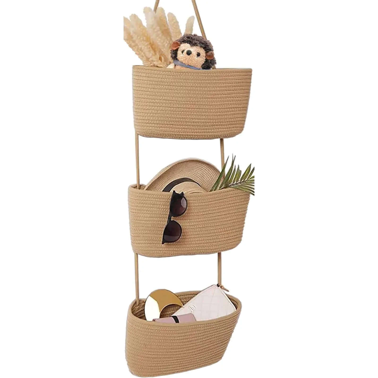 Unisex 3-Tiered Cotton Wall Hanging Baskets - Vertical Stack Nursery Storage for Indoor Recreation, Bathroom (Brown/White), Three-Tiered