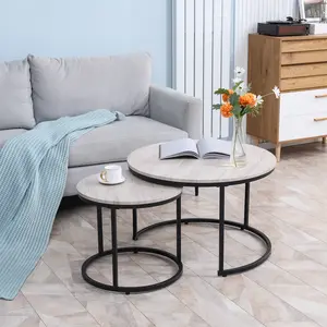 2-Piece Grey Round Nesting Side Tables Set - Sturdy Metal Frame, Space-Saving Stacking, Extendable Surface Indoor Furniture for Living Room, Small Apartments