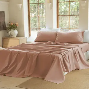 Linen Sheet Set , Linen Cotton Blend Sheets Set 4pcs, 1 Flat Sheet, 1 Fitted Sheet & 2 Pillowcases, Cooling Breathable Farmhouse Bedding