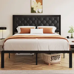 Queen Bed Frame With Tufted Headboard Metal Platform Bed Frame Under Bed Storage No Box Spring Needed Noise Free Easy Assembly Dark Grey