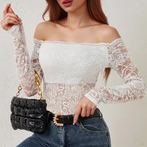 Women's Off Shoulder Floral Lace Tops Sexy Slim Long Sleeve Blouse Shirts See Through Going Out Tops