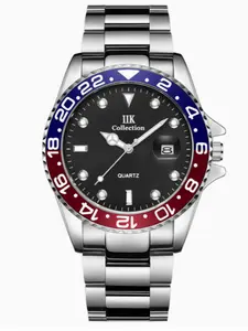 IIK Men's Quartz Analog Watch with Blue and red Bezel, Luminous Dial Calendar, Waterproof Steel Band, Silver Gold Strap, Fashionable Daily Wear, Fashionable Watches