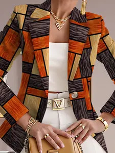 Women's Fall Outdoor Striped Plaid Geometric Print Blazer Jacket, Casual Fitted Regular Length, Digital Print, Spring & Fall Top
