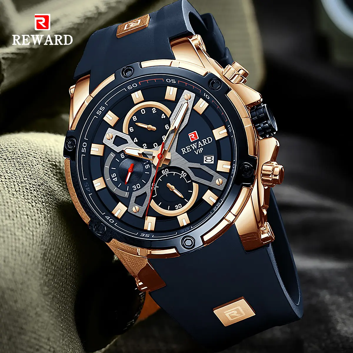 REWARD Men's Casual Sport Quartz Watch, 46mm Round Face Analog-Digital Chronograph with Stopwatch, Buckle, Calendar, Hardlex Glass, Luminous, Silicone