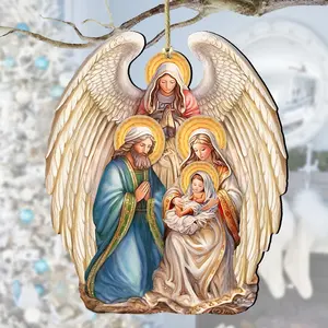 Designocracy 8611056 Artistic Wooden Nativity with Angel Christmas Ornament, 5x5.5x0.25in Festive Home Decoration, Holiday Gift
