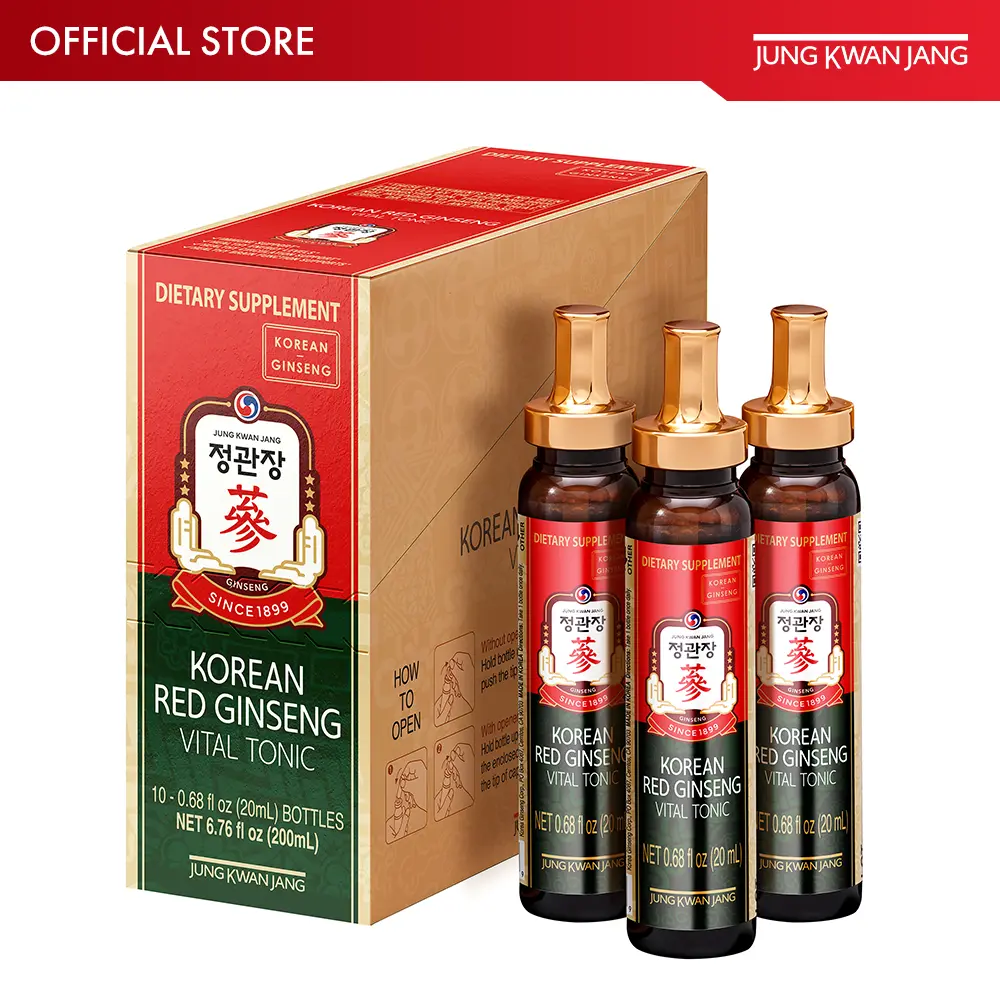JUNG KWAN JANG Korean Red Ginseng Legacy Vital Tonic - Official Product Herbal Energy Drink with Red Panax Ginseng & Botanical Extracts - Vegan, Non-GMO, Caffeine-Free Liquid Supplements (10 Vials, 0.68 fl oz)