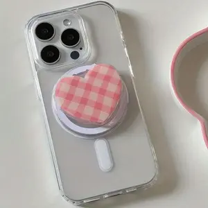 Aesthetic Pink Checkered Heart Phone Grip Acrylic Griptok, Minimalist Gingham Phone Stand Holder, Cute Picnic Style Accessory for iPhone 15 14 13, Kawaii Tech Gift for Her, Trendy Phone Decoration