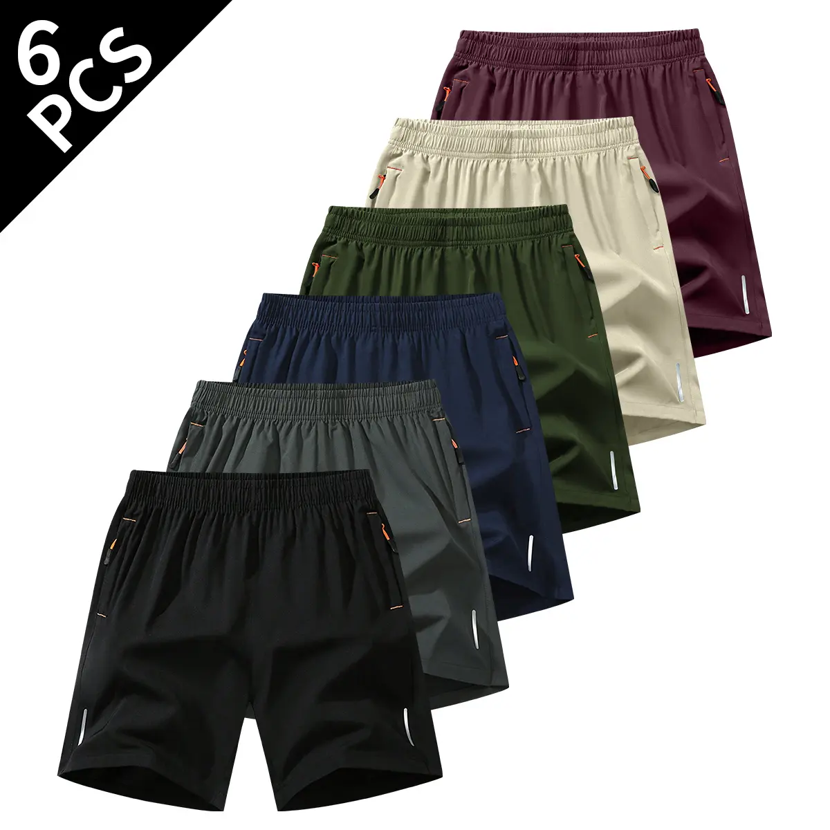 Men's Athletic Knee-Length Shorts (Pack of 6) - Moisture Wicking, Breathable Outdoor Fitness Bottoms with Silver Reflective Stripes, Zippered Pockets, Drawstring Waist, Regular Fit, Reflective Performance Shorts for Hiking, Running, Moisture Wicking Short