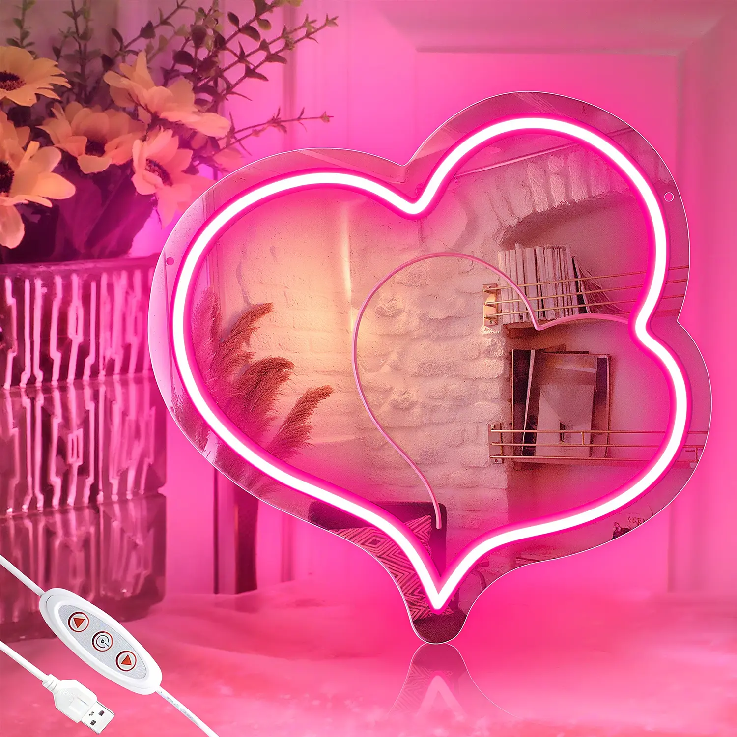 SEGRASS Heart Shape Neon LED Lighted Cosmetic Mirror - 11.6x11.8in Lightweight Wall-Mount Makeup Mirror, Valentines Day Gift for Girls, Bedroom Decor Room Accessories Vanity Aesthetic LED Lighting Wall Decor