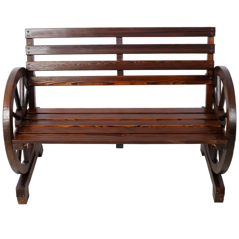 Bellemave Rustic 2-Person Wheel-Shape Solid Fir Wooden Bench - Brown Slatted Seat & Backrest, Ergonomic Fixed Arms, Stable Durable Country Life Outdoor Furniture, Great for Porch & Patio, Ideal for Quality Time (Assembly Required)