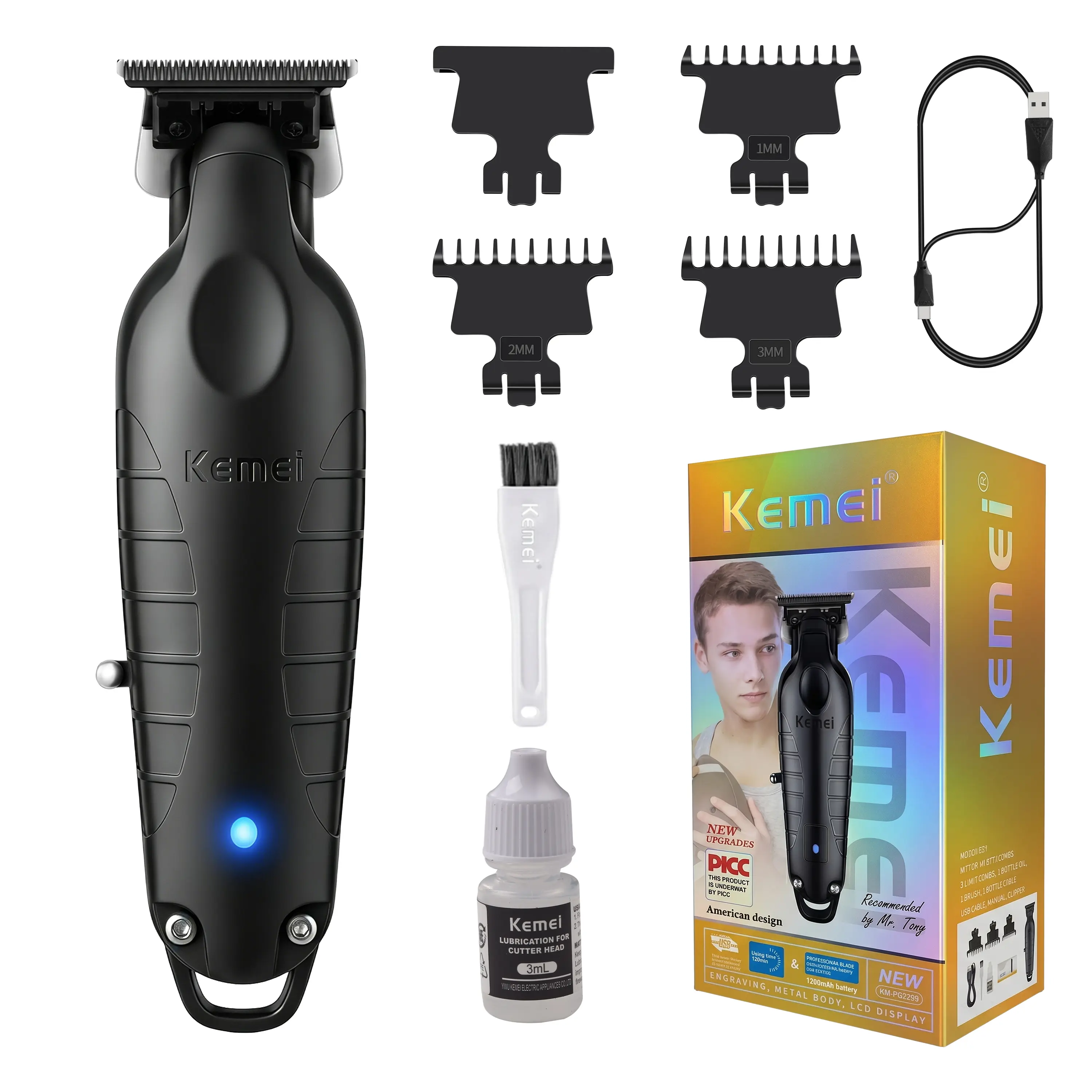 Kemei PG2299 Professional Cordless Barber Trimmer for Men - T-Blade Beard Trimmer, Rechargeable Haircut Clippers for Hair Cutting & Styling