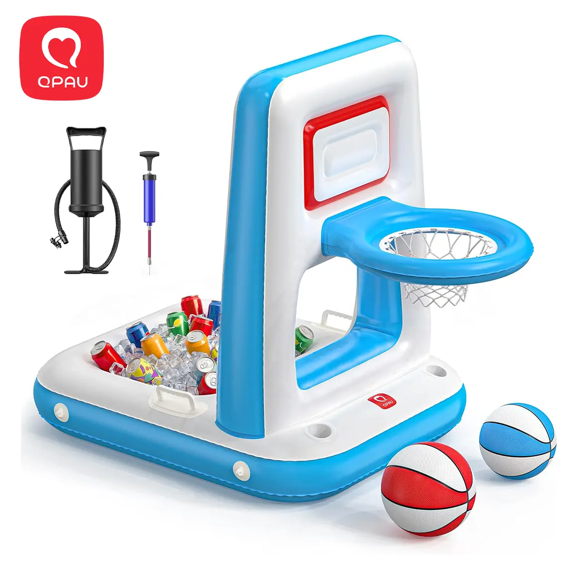 QPAU Pool Basketball Hoop with Built-in Cooler, 42" Heavy Duty Poolside & Floating Basketball Hoop for Inground and Above Ground Pools, Inflatable Water Basketball Set with 2 Balls, Pumps and Anchors homeessentials, back to school