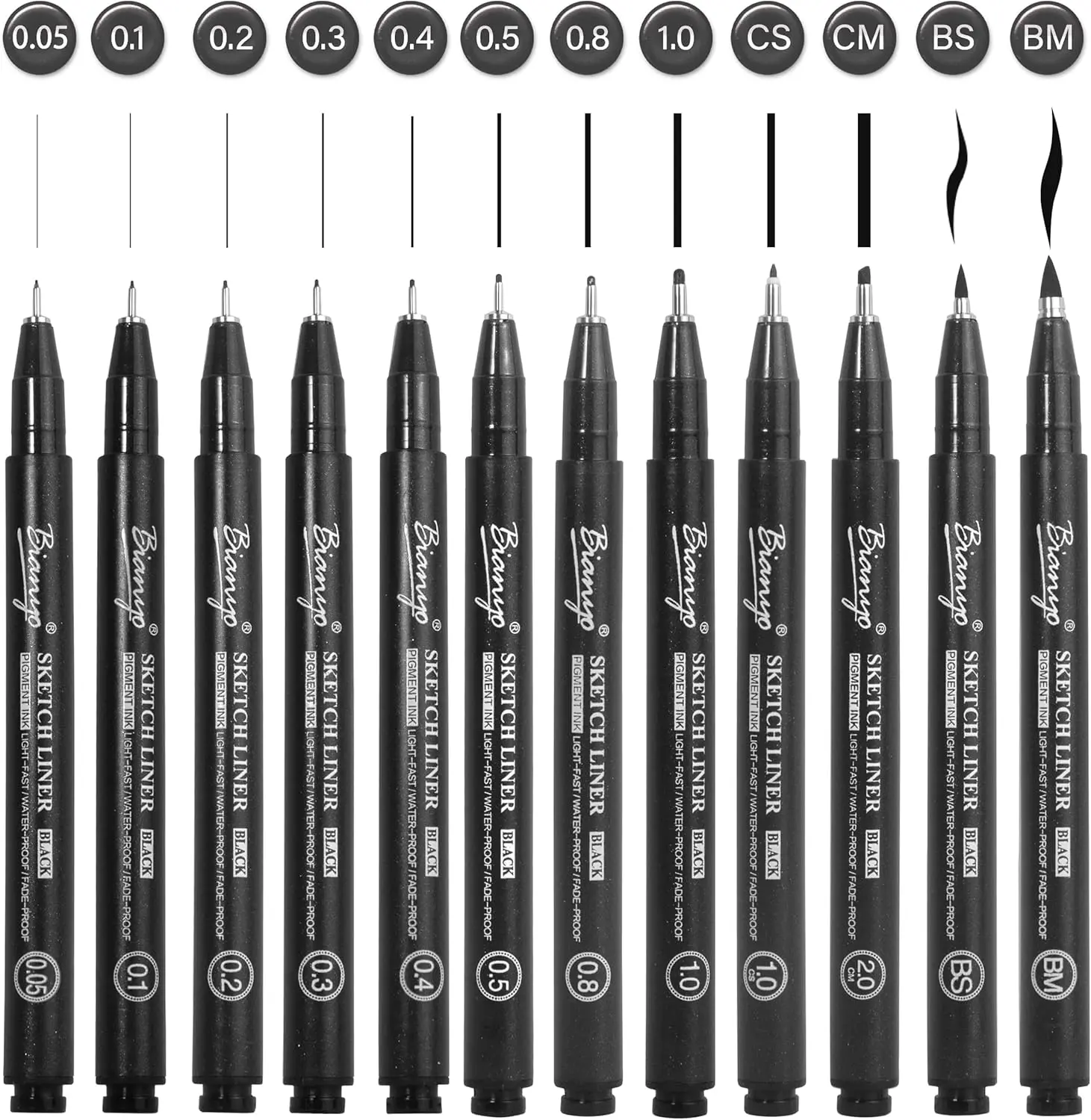 Bianyo Black Art Pen Set - 12 Assorted Sizes Fine Line Pens, Upgraded Pigment Ink, Bonus Pouch, Water-Resistant Archival, Artist Quality, 0.1mm Technical Drawing Supplies, Decorative Lettering Brush Marker for Artists, Journaling