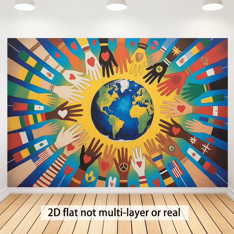 Unity Diversity Globe Backdrop Tapestry Wall Hanging Photography Background Peace Hands Earth Banner for Cultural Event Classroom Office Home Party Decor Polyester Fabric
