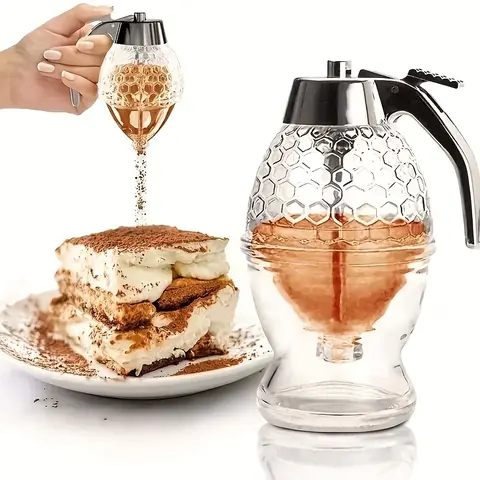 1pc Honey Dispenser with Storage Rack – Food Grade ABS Plastic, Easy Press for Syrups, Sauces & Condiments, Hexagonal Design, Hand Wash Only, Perfect Gift for Honey Lovers, Condiment Organizer | Hexagonal Honey Pot | Clear Honey Holder,Plastic products