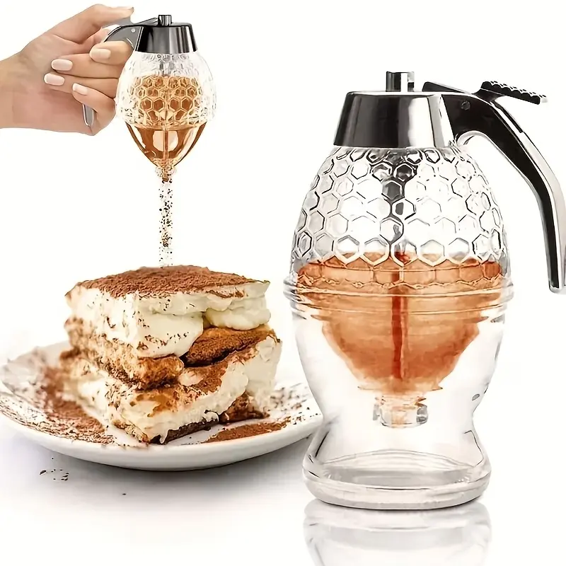 1pc Honey Dispenser with Storage Rack – Food Grade ABS Plastic, Easy Press for Syrups, Sauces & Condiments, Hexagonal Design, Hand Wash Only, Perfect Gift for Honey Lovers, Condiment Organizer | Hexagonal Honey Pot | Clear Honey Holder,Plastic products