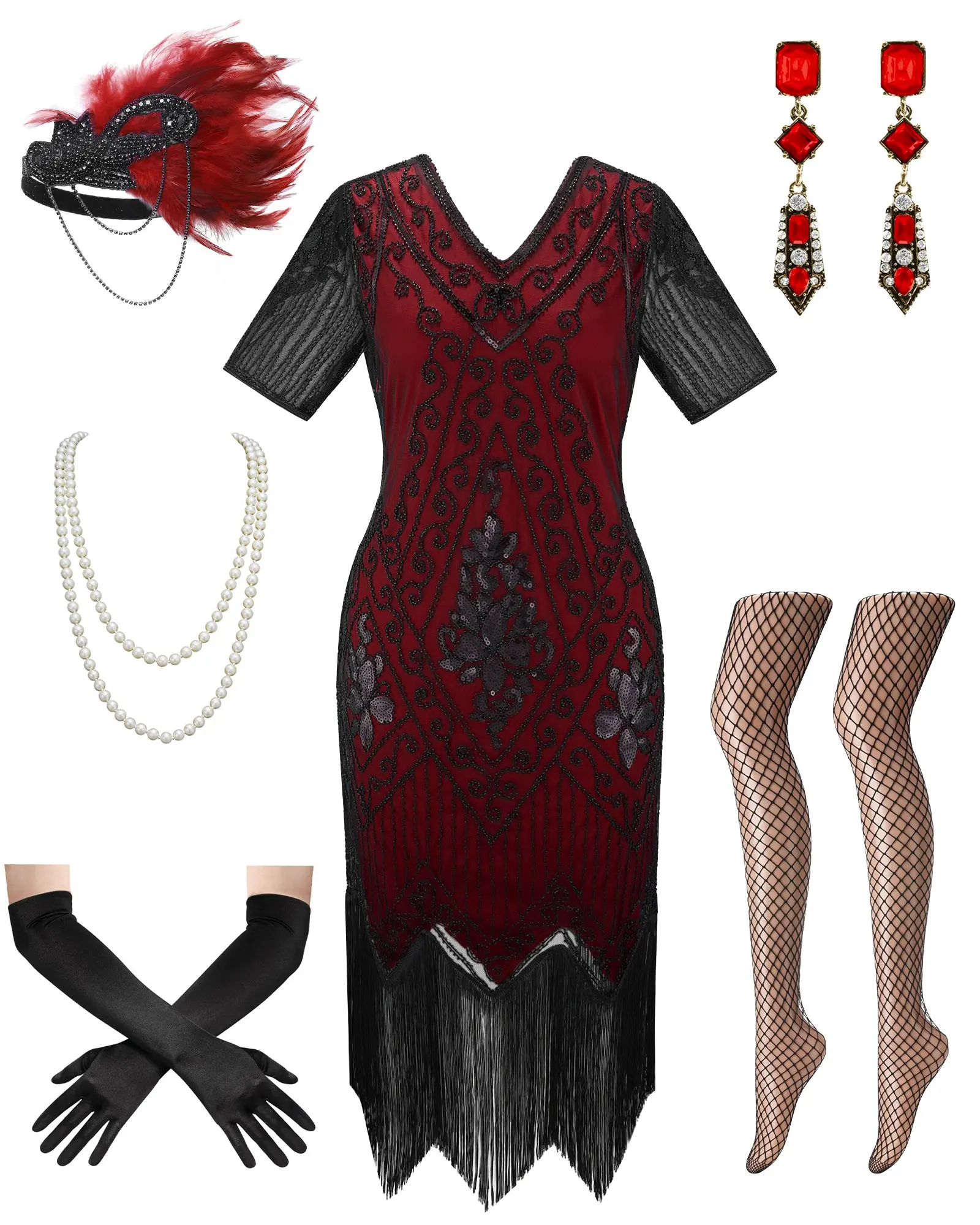 Women 1920s Flapper Dress Great Gatsby Costume Set, Roaring 20s Beaded Fringe Dress with Red Feather Headband, Pearl Necklace, Drop Earrings, Long Gloves & Fishnet Stockings, Vintage Party Cosplay Outfit