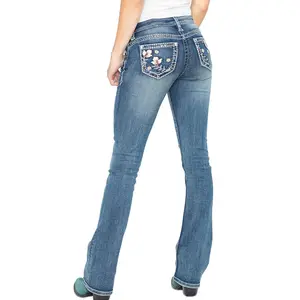 Women's Jeans Flower Embroidery Mid Rise Stretchy Bootcut Slim Wide Leg Pants