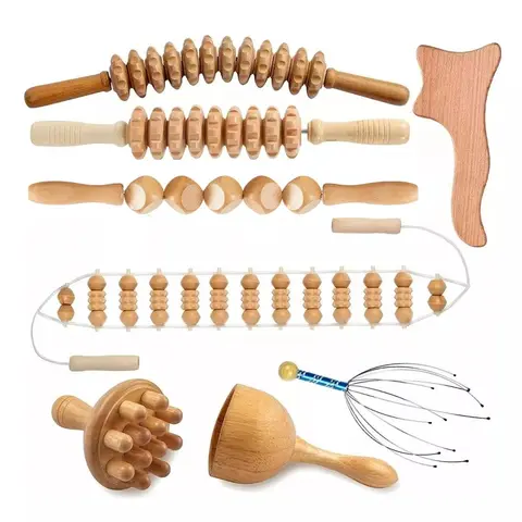 8-Piece Solid Durable Smooth Wood Manual Massage Tool Kit - Body Care, Head Massager, Gua Sha, Multi-Pressure-Point Tool, Back Massage Roller Rope, Self Treat, Full-Body Coverage, Fascia Release, Adult Relaxing Gift