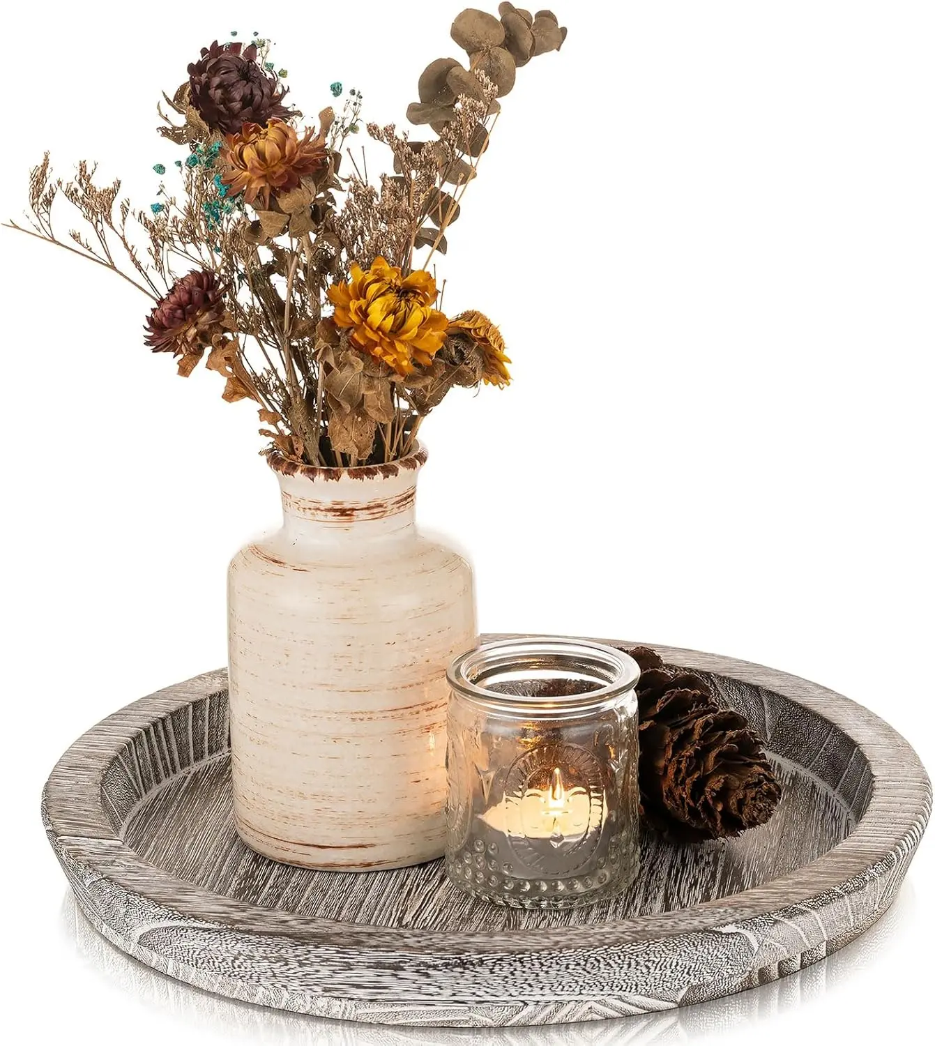 Wooden Decorative Tray Candle Holder: Round Wood Tray Home Decor, Whitewash Rustic Trays for Farmhouse Dinning Table Kitchen Countertop Coffee Table Wedding Centerpiece, 11inch, Size L