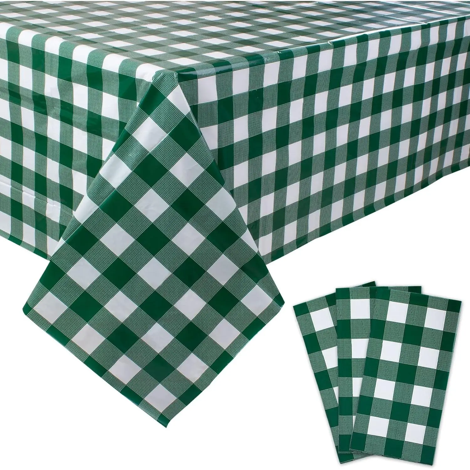 3-Pack Disposable Green & White Checkered Plastic Gingham Tablecloths, 54x108in Waterproof Rectangle Covers, Festive Party Supplies for Birthday, Holiday Events (Home Decor Gift)