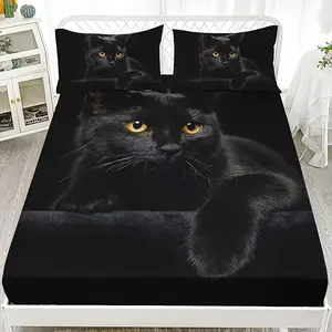 3pcs Cute Cat Pattern Bedding Set With Kitty, High-Definition Digital Print, 100% Polyester, Ideal for All Seasons, Bed Sheets Set