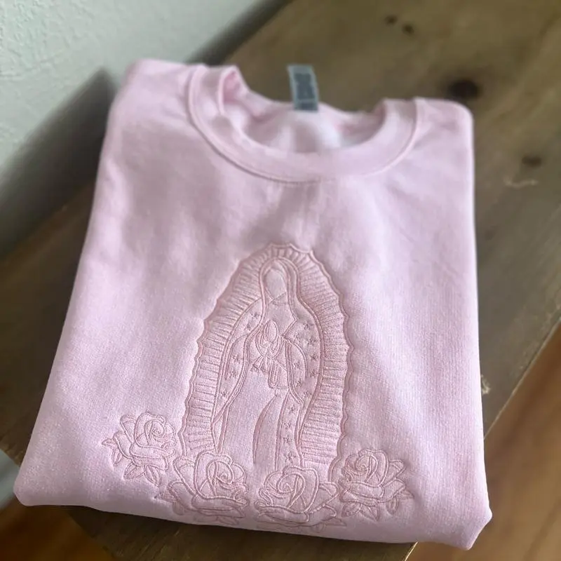 Women's Pink Virgen de Guadalupe Embroidered Cotton Hoodie Tops - Casual Round Neck Religious Faith Apparel, Christian Spiritual Gift, T-Shirt Alternative