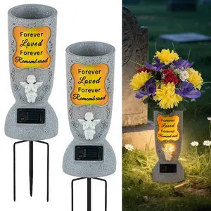Solar-powered cross angel flowerpot solar-powered cemetery vase with LED for fresh/artificial flower vases, tombstone decoration, commemorative gifts for those who have lost their loved ones