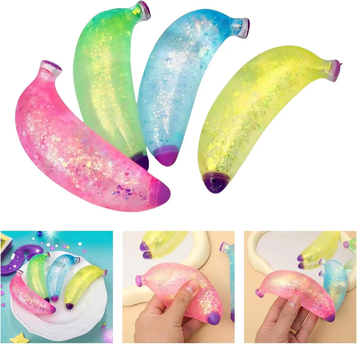 KIDGENIUS Transparent Sparkle Glitter Water Banana Stress Fidget Toy - TPU Stretch Unisex Sensory Tool for Indoor Anxiety Relief, Cute Novelty Hand Squeeze Gift