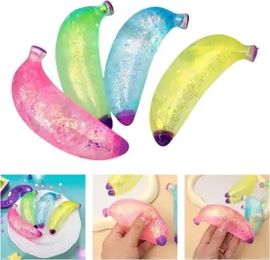 KIDGENIUS Transparent Sparkle Glitter Water Banana Stress Fidget Toy - TPU Stretch Unisex Sensory Tool for Indoor Anxiety Relief, Cute Novelty Hand Squeeze Gift