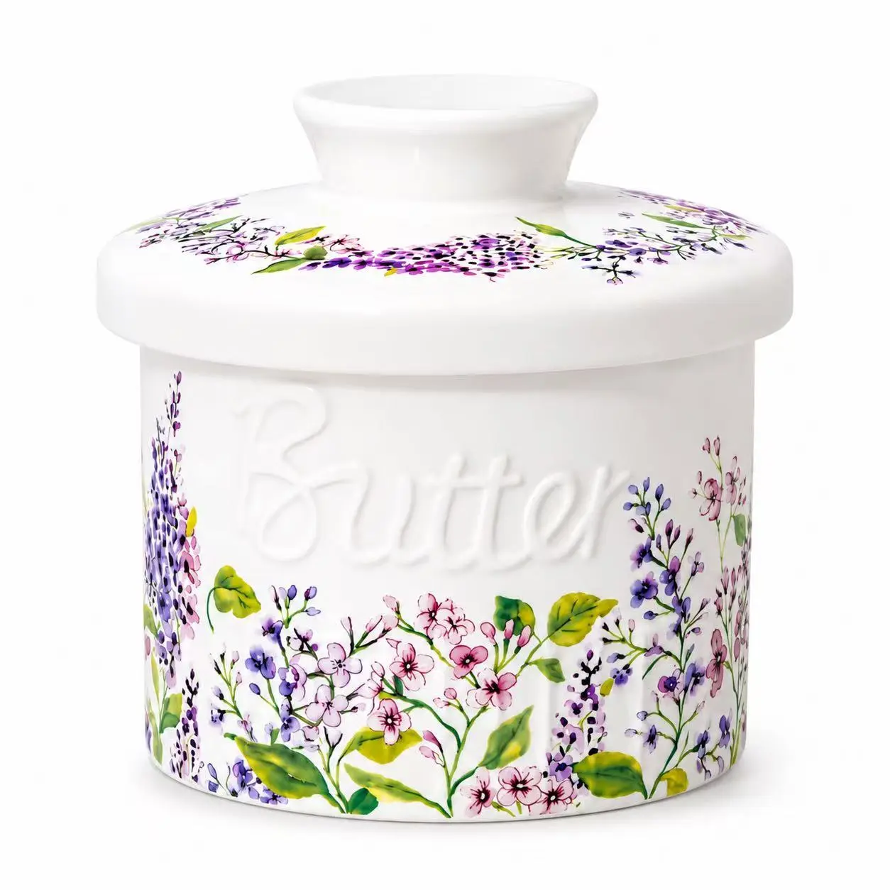 Floral Ceramic Butter Crock, French Butter Keeper with Water Seal, Decorative Butter Dish with Lid for Countertop, Farmhouse Kitchen Decor, Ideal Gift