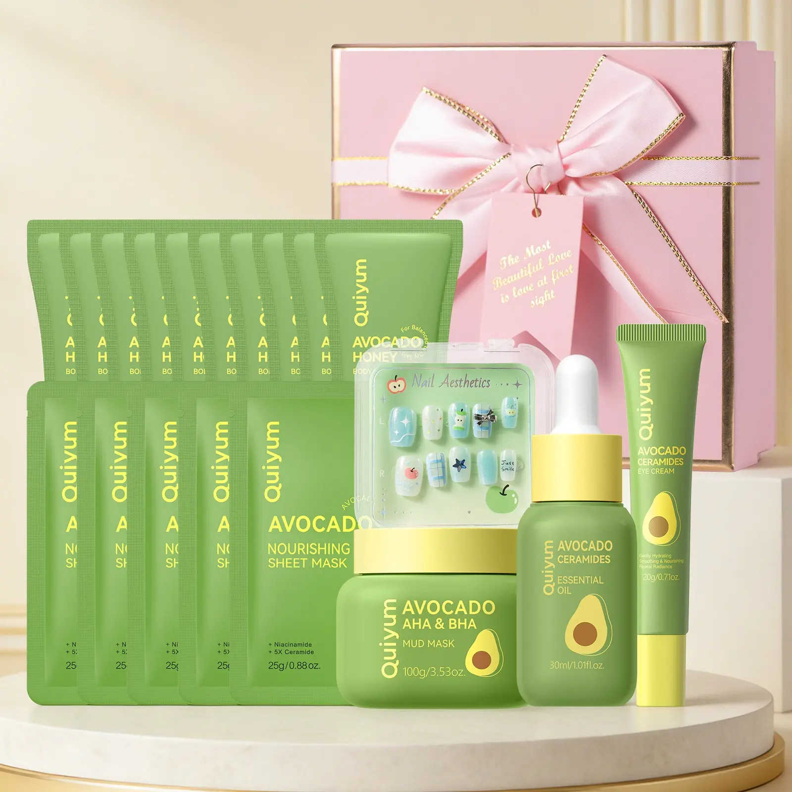 QUIYUM Avocado Skincare Spa Gift Set Includes Mud Mask, Eye Cream, Body Scrub, Essential Oil, Moisturizer & Sheet Mask, Packaged in Pink Box, Hydrating Nourishing Smoothing Moisturizing Skin Care Set