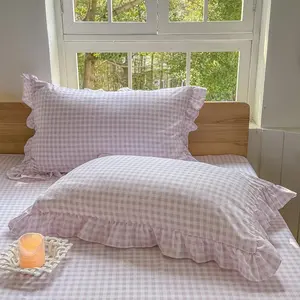Pink Ruffled Plaid Gingham Standard Size Pillow Shams 20"x26", Set of 2 Blue Checked Pre-Washed Microfiber Farmhouse Pillowcases for Bed/Sofa (20"x26", Pink Gingham)