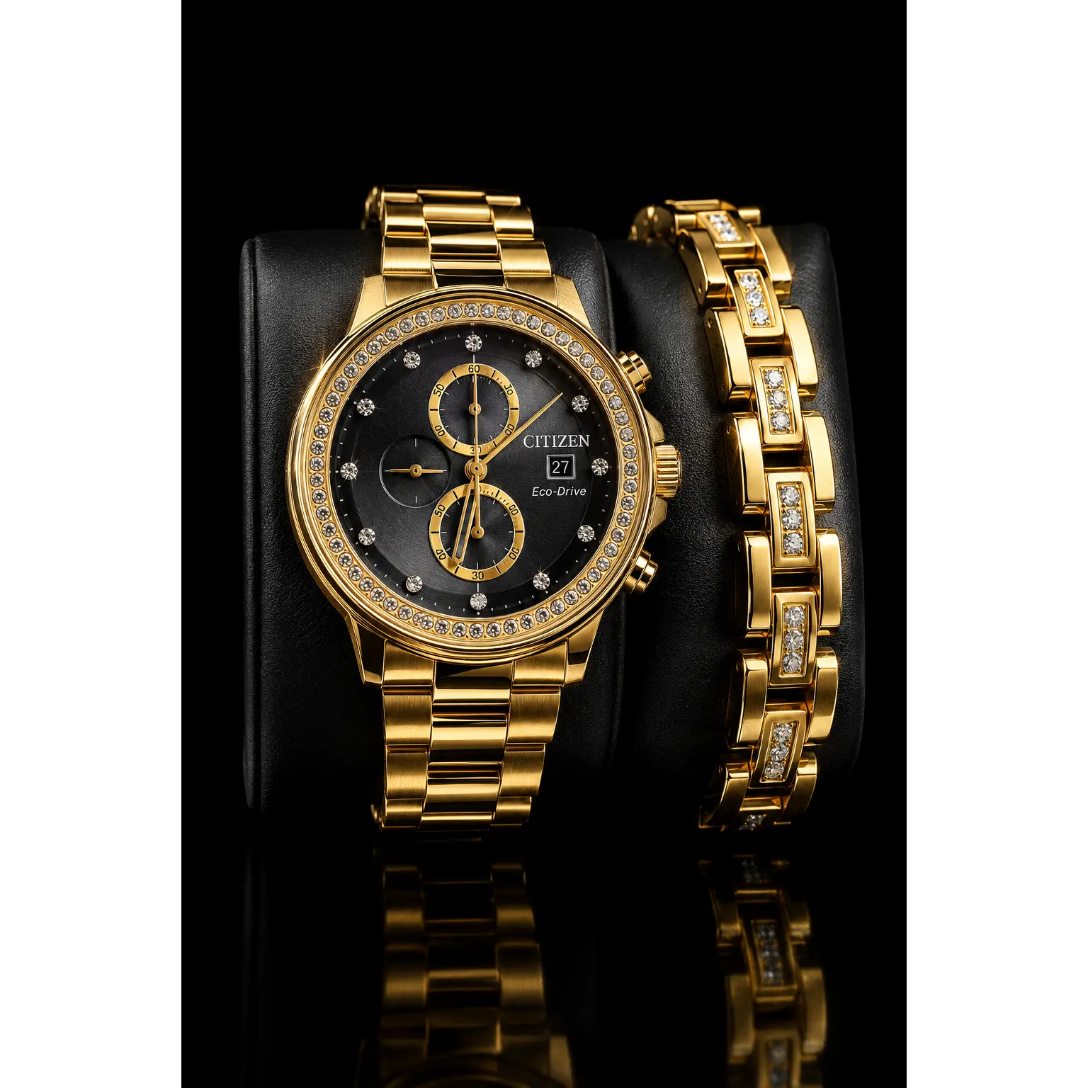 CASA DI LUSSO JEWELRY Citizen Eco-Drive Crystal Accents Gold Chronograph Watch Set, Battery-Free Quartz Men's Fashion Watch, Battery-Free Quartz Watches
