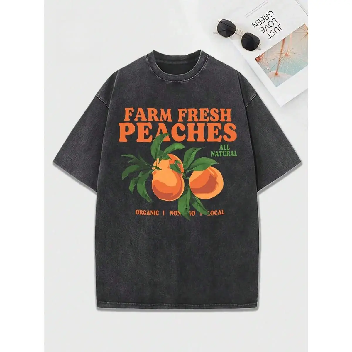 Women's Retro Washed T-Shirt - High Definition Orange Peach Print Short Sleeve Top, Loose Round Neck Summer Casual Shirt, Machine Washable For Daily Wear, Fashionable Pattern T-Shirt, Comfortable Fabric, Retro Style Essential Item