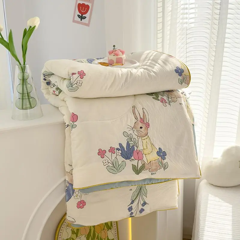 Rabbit Print Summer Cool Blanket, 1 Count Soft Skin-friendly Air-conditioning Comforter, Thin Comforter for Bedroom, Living Room, Hotel, Dormitory