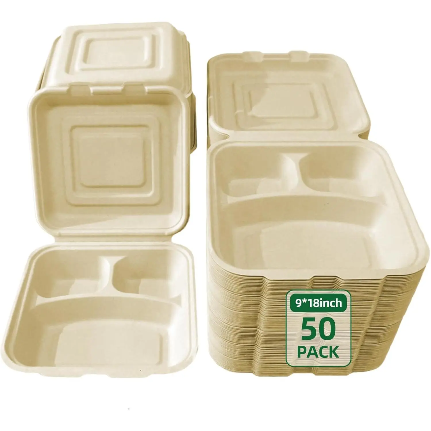 Clamshell Take Out  Containers - 9x8 Inch Takeout Lunch Box Containers To Go Take Out Clamshell for , leftover containers with ,Disposable  Biodegradable, -Free (50)