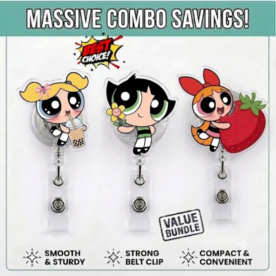 [Best Value Bundle] The Pppowerpuff Girls Badge Reel, Retractable ID Holder, Cute Cartoon Character Design, Kawaii Everyday Accessory, Perfect Gift For Fans