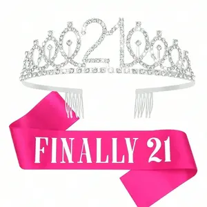 2pcs silver birthday crown set, suitable for birthdays of 10/13/16/18/21/30 years old. Features a crown design, a hot pink "This is my 30th birthday" belt, a rhinestone crown, and is perfect for birthday party decorations, Birthday Tiara