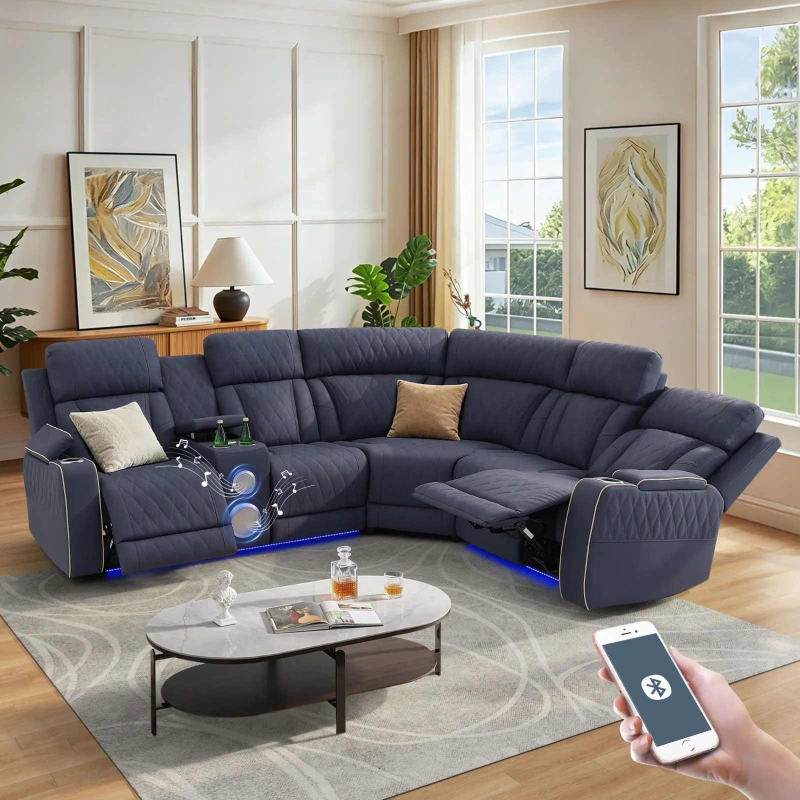 3-Piece Bluish Gray Sandy Leather Smart Reclining Sectional Sofa Set - Adjustable Electric Recliner, Cushion Back, Unique Sandy Texture, Modern Indoor Living Room Furniture for Relaxation, Assembly Required, Effortless Relaxation