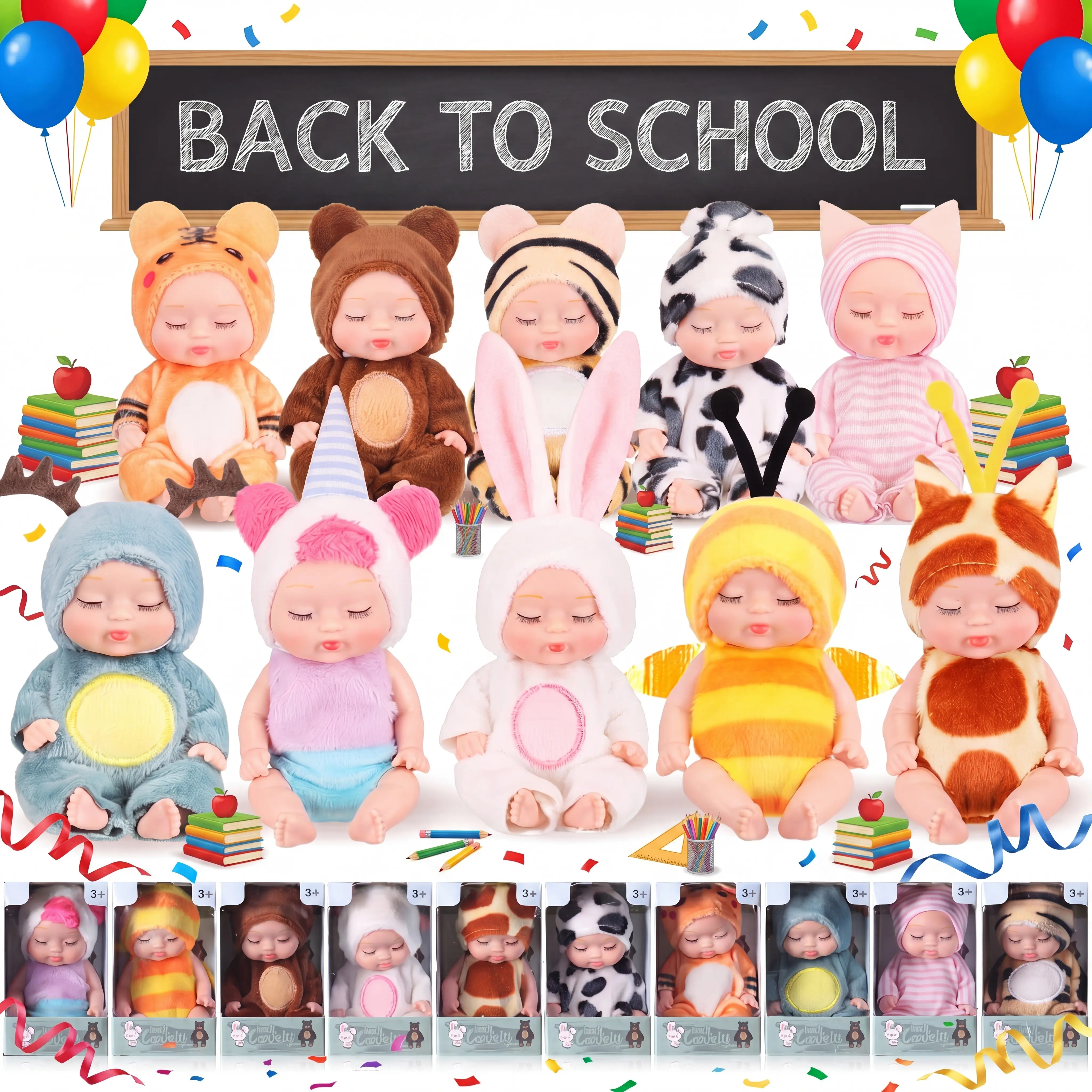 Back to Shool Mini Animal Sleepy Reborn Dolls  6/12/16 Set  Lifelike  Cute Black Dolls for Little Girl & Doll Collector Emotional Companionship Gift  Aesthetic Birthday Party Gift Box Holiday Party Decorations
