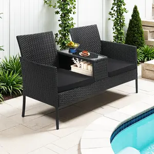 [SummerVibes] 2-Seater Wicker Patio Conversation Set, Outdoor Rattan Loveseat with Table, Washable Cushion Covers for Backyard, Garden, Lawn, Black Rattan with Black Cushions